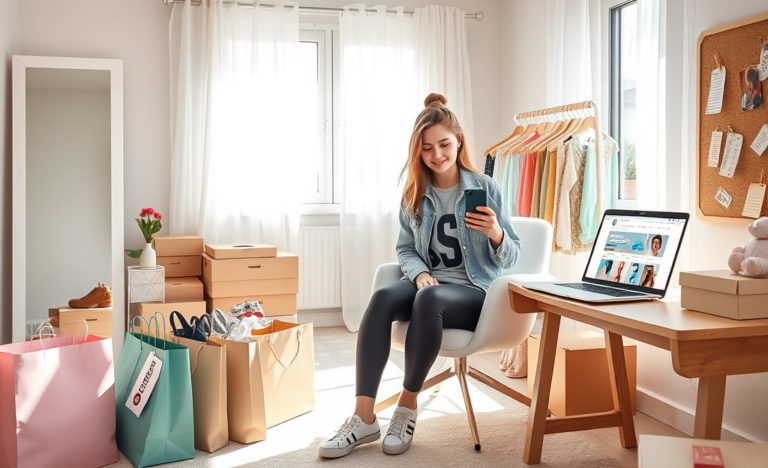 Jovem mulher em quarto moderno aproveitando looks grátis SHEIN, usando smartphone para economizar em roupas e acessórios