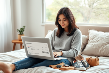 Mulher jovem usando laptop em quarto moderno, aproveitando pontos para zerar compra na moda e acessórios no ambiente aconchegante