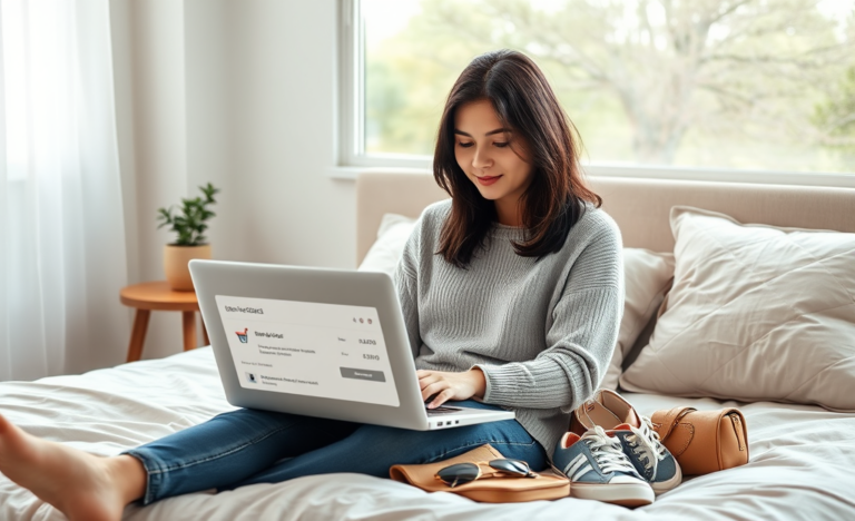 Mulher jovem usando laptop em quarto moderno, aproveitando pontos para zerar compra na moda e acessórios no ambiente aconchegante