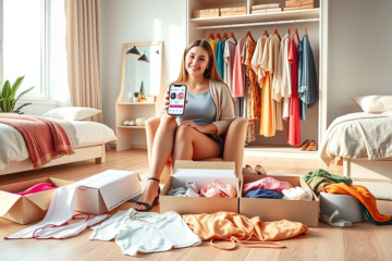 Jovem mulher em quarto moderno organizando roupas coloridas de moda grátis da SHEIN com smartphone e caixas abertas, iluminada por luz natural