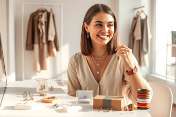 Mulher jovem em ambiente claro experimenta acessórios de moda grátis com expressão alegre e estilo moderno minimalista