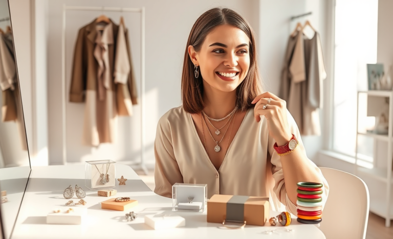 Mulher jovem em ambiente claro experimenta acessórios de moda grátis com expressão alegre e estilo moderno minimalista
