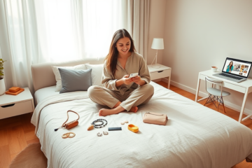 Jovem mulher sorridente sentada na cama em um quarto moderno usando smartphone para aproveitar itens grátis na SHEIN com segurança