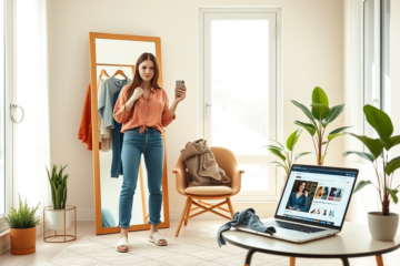 Mulher jovem experimentando roupas modernas em casa na frente do espelho, avaliando estilo para testar roupas online