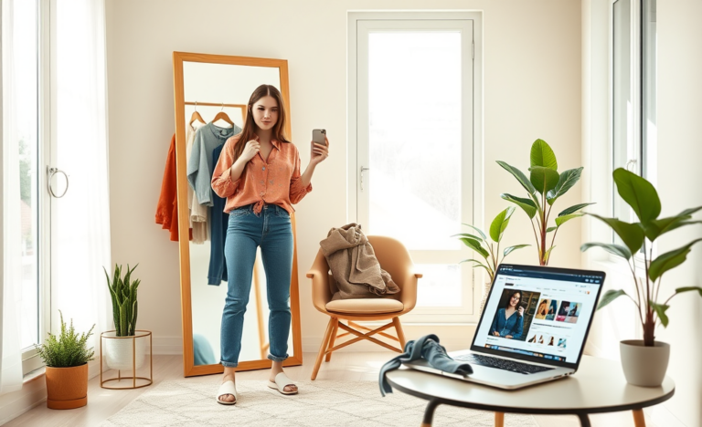 Mulher jovem experimentando roupas modernas em casa na frente do espelho, avaliando estilo para testar roupas online